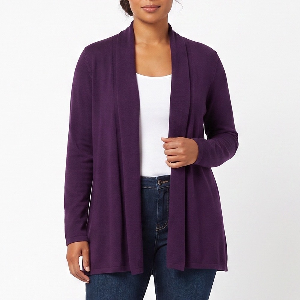 Notations Cardigan Womens 2X Eggplant Purple Open Front Draped New